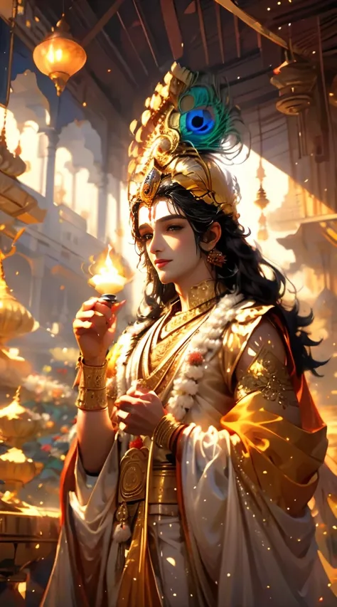 a close up of lord krishna holding a lit candle in his hands, hindu aesthetic, beautiful digital artwork, indian god, beautiful ...