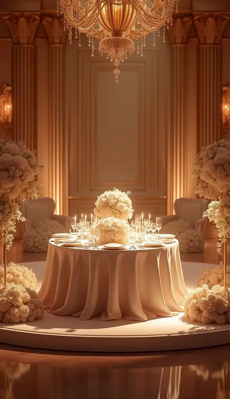 Wedding table, on stage, with light in the banquet room, wedding, no human