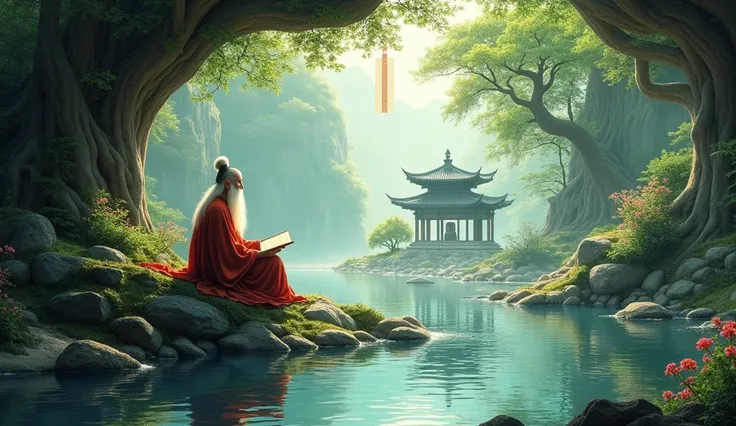 peaceful的自然背景：  A calligraphy scroll curves and floats in the sky ， The stream gently flows through the rock ， green trees 、 blooming flowers 。 reflect softly on the surface of the water ， creates a serenity 、Zen atmosphere。
Ancient characters ：  to show t...