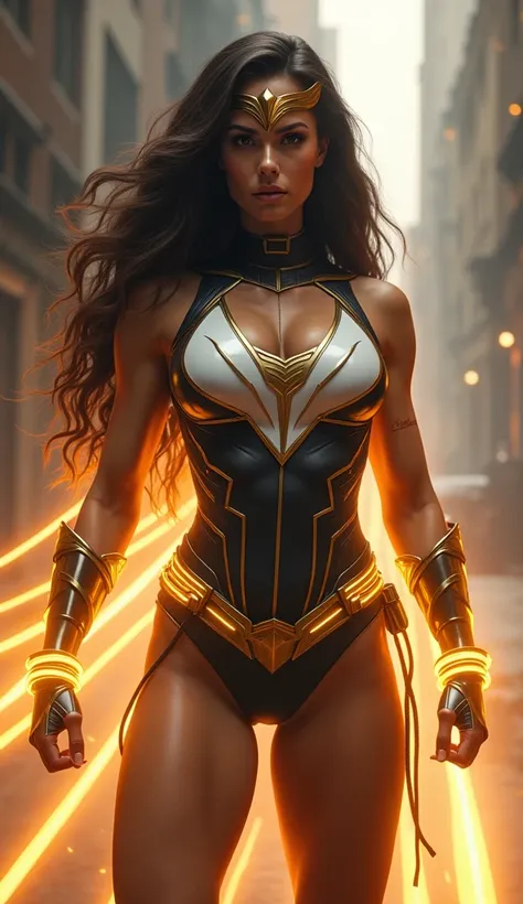 a woman with long dark hair wearing a white  and black and gold lines designed which are glowing  costume with a golden tiara, lasso, and bracelets, standing in a heroic pose, (best quality,4k,8k,highres,masterpiece:1.2),ultra-detailed,(realistic,photoreal...