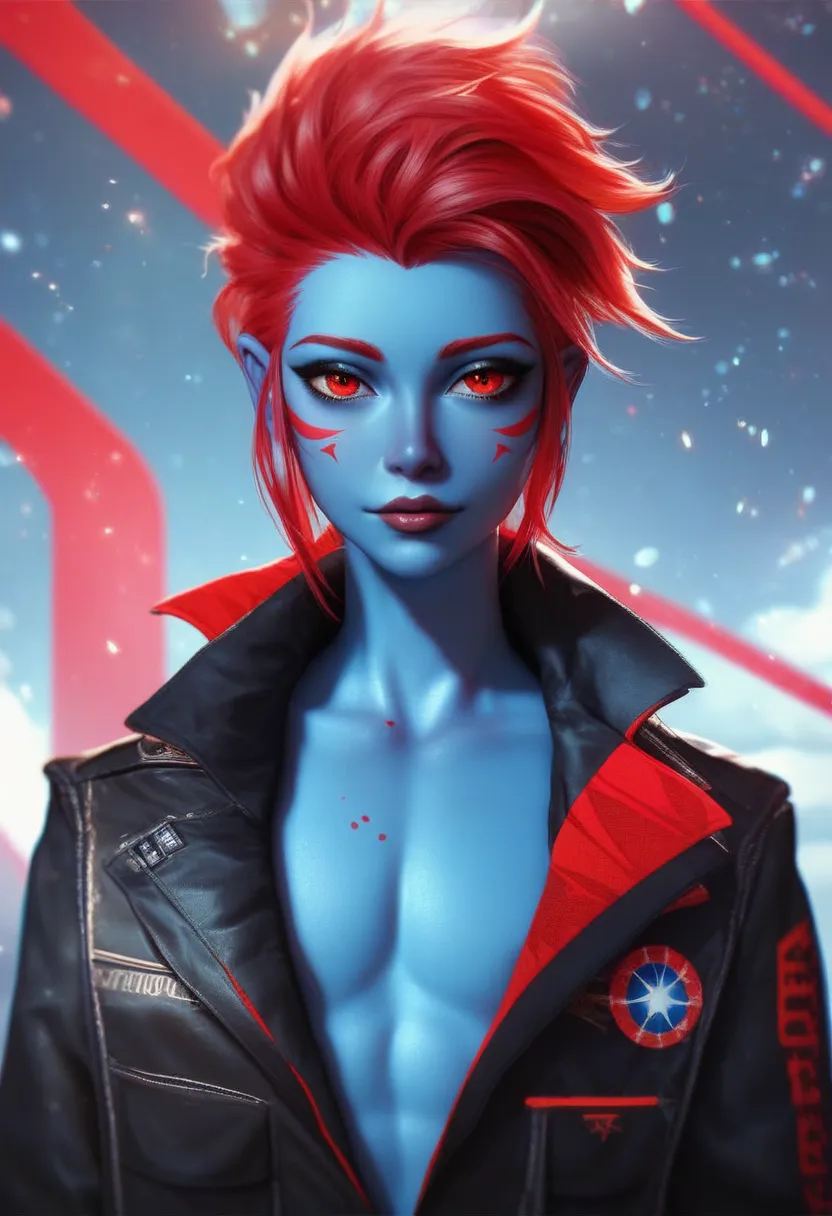 oc,na’vi, a alien blue skin skinny buff femboy man wearing black trench-coat with a red mark on the bust,red hair,thick, in an 9...