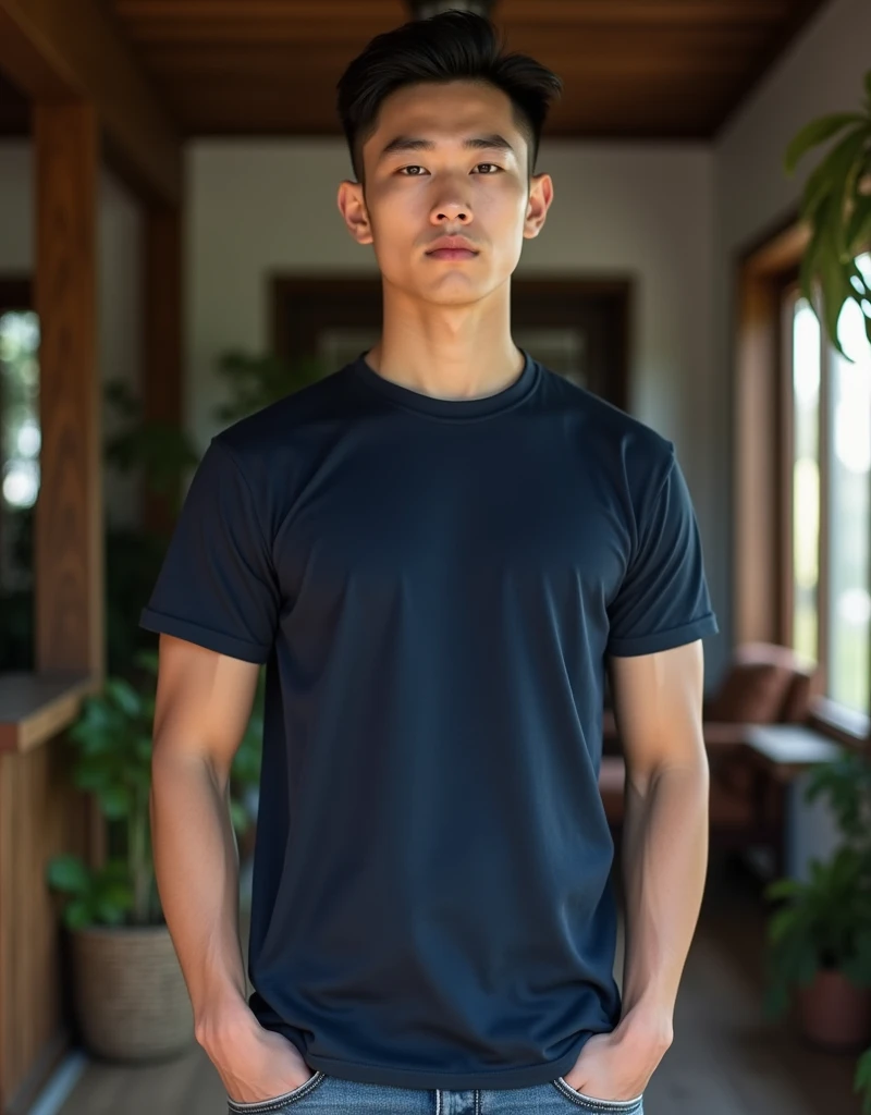 High quality image. Realistic young Korean man sitting on the sofa, very short hair next to his skinhead, very handsome, handsome, big muscles, wide arms, tight round neck T-shirt, jumper sleeves, short sleeves, navy color, only one color posture, open bel...