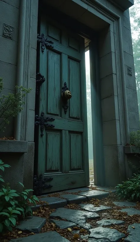  A close-up of the mansions main door, slightly ajar, with a flickering light inside.