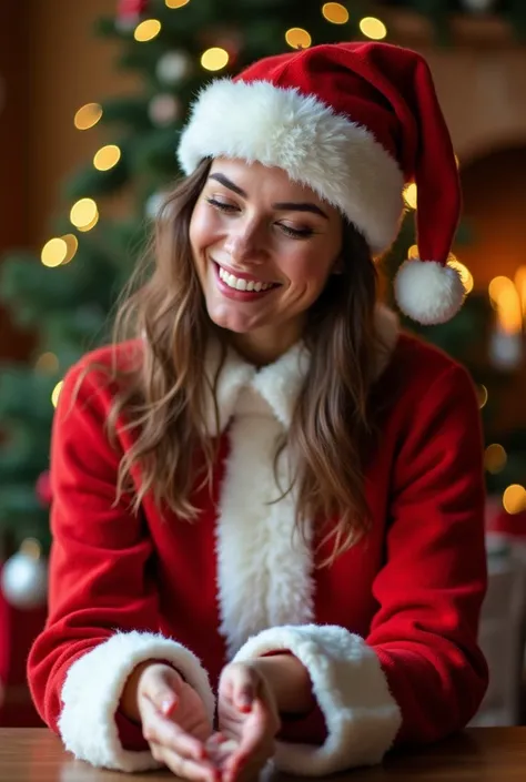    35 year old woman bakes,  with a strong personality and the following physical characteristics :  with long hair and a beautiful ,  with a big smile and beautiful white teeth . Besides, She is originally from France .  dressed in a Santa Claus costume s...