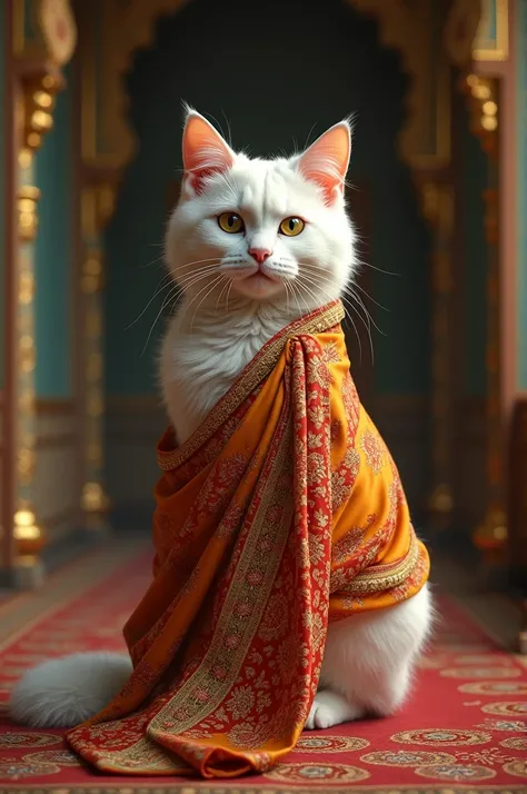 A white cat in a saree at a vintage palace