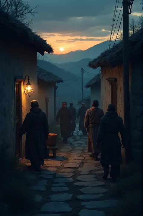 Depict a scene of villagers locking their doors and windows tightly as dusk falls, showing worry on their faces. The village is darkening, with the last light fading behind the hills.