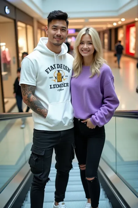 professional photography, handsome Korean man with trendy hair, wearing white short-sleeved hoodie jacket with whiskey drink logo, tattoos on arms, black cargo jeans and white sneakers. He was standing on an escalator in a modern mall, accompanied by a bea...