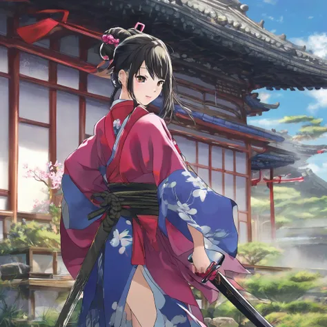 美しい女性の侍、Hair tied 、Swordsman&#39;s costume、A beautiful female samurai with a sword pattern 、 beautifully curved blade 、（masterpiece、 real、 photorealistic：1.35）、 cowboy shot、 apocalyptic environment 、 very detailed、 dramatic lighting 、Epic Scale、超 real、8k、 ...