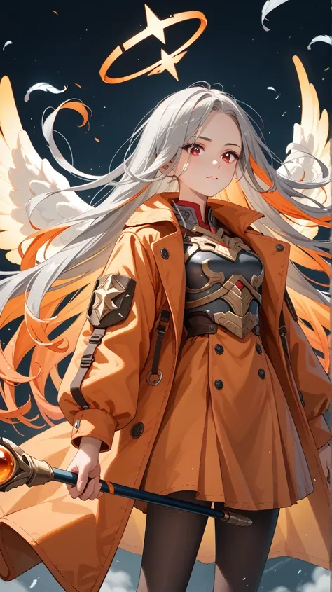 (masterpiece), best quality, Super detailed, illustration, Warm lighting, Vibrant colors, 1 Girl, Solitary, Very long hair, Gray hair, Orange Hair, Orange undercoat, Red Eyes, Colored undercoat, Two-tone hair, Ahog, Absurdly long hair, orange Colored under...