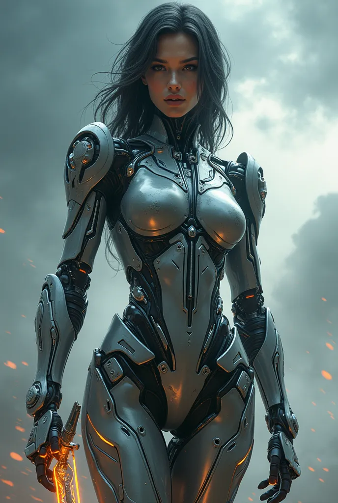 Cyborg Alita battle angel , Warframe armor girl ,cleavage, Luminous details,  high definition, masterpiece,  very detailed,  holds a runic glowing sword, nimbus
