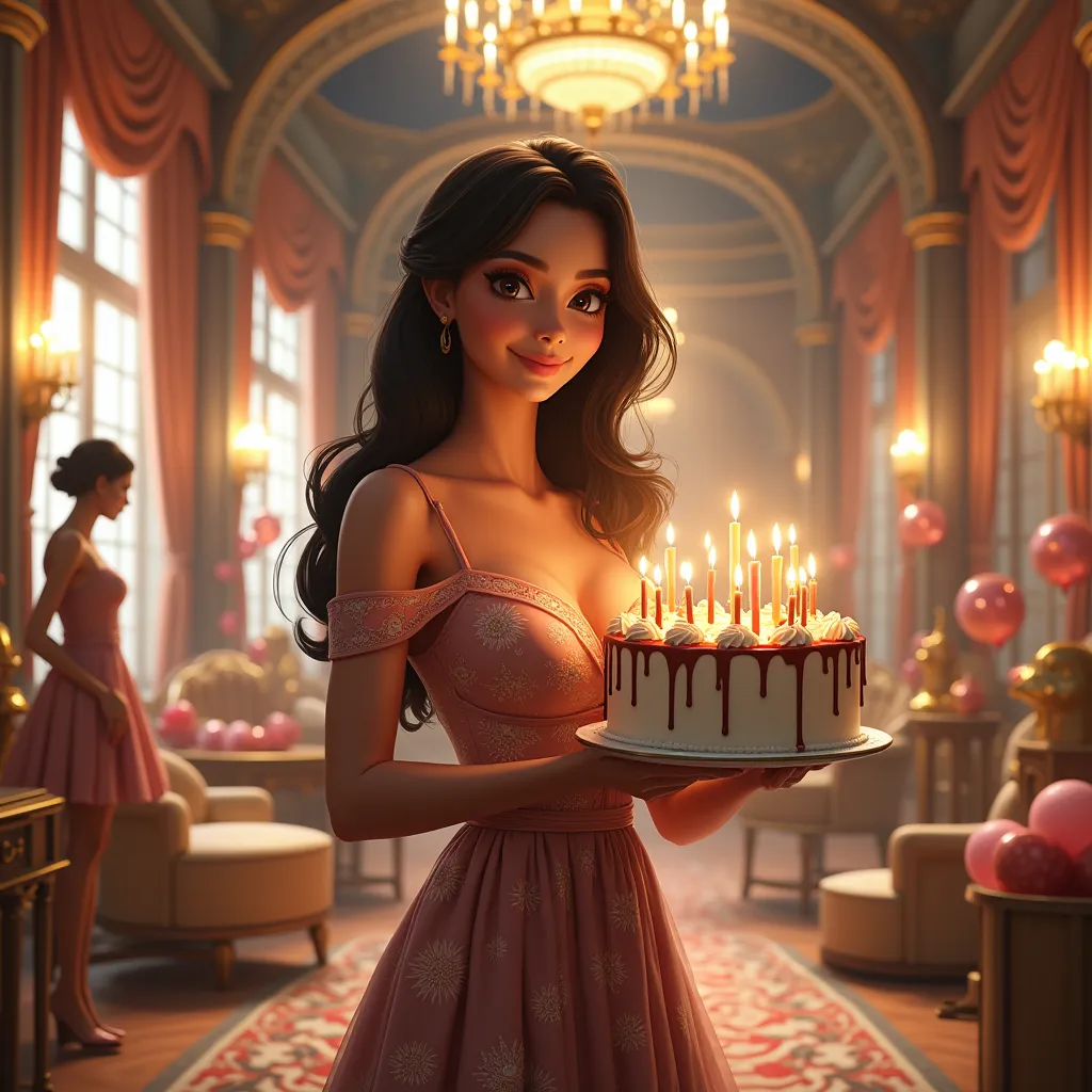 Happy birthday, ( best quality), ( artwork ), (high resolution), ( Complex Details :0.2),(professional lighting), big room,  Decorate in birthday style , Background details ,  dress , flared skirt,  Open one shoulder , (preview), Beautiful, 1 girl, stand,  Holding a birthday cake ,    good build ,  big breasts , thin skin, smile,  ,  View in Viewer, 3D rendering