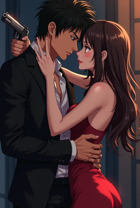 Anime couple kissing, man hold pistol and women hold knife in neck