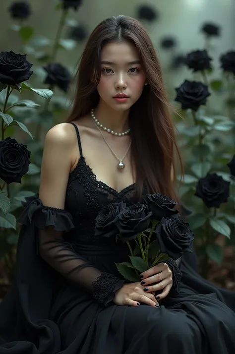  Beautiful 25-year-old European Asian woman with long straight brown straight hair blowing in the wind wearing black dress with burkat detail,pearl necklace ,  holding black roses sitting planted with black roses 