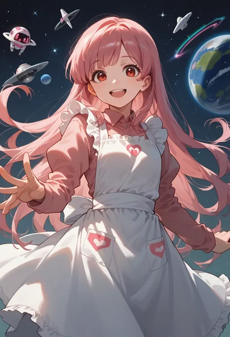 masterpiece, best quality, ultra detailed, a girl, robot, happy, smiling, standing, looking at viewer, long hair, pink hair, red eyes, apron, space, cute, kawaii, anime, beautiful