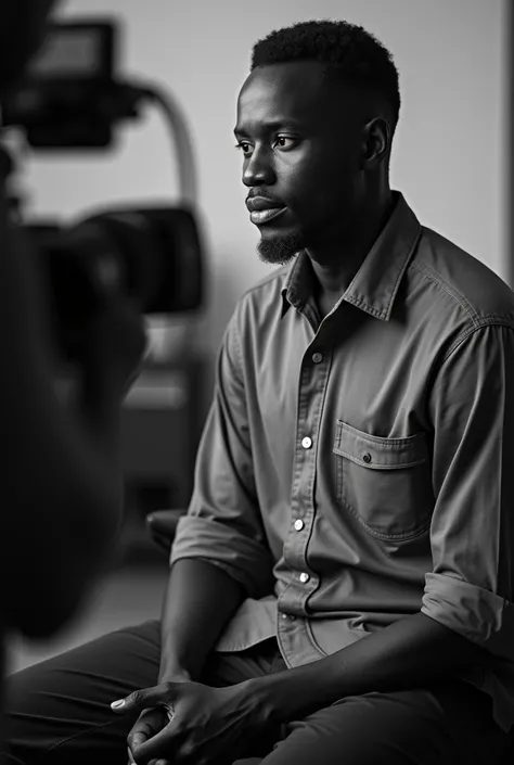 cameraman recording an African man in an interview in 2006 in black and white   