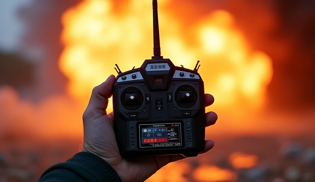 A photo of a hand holding a remote control device in front of a vibrant explosion background. The remote control has an antenna and a prominent 4 button. There is text on the left side of the image that says "long range". At the bottom of the image, there ...