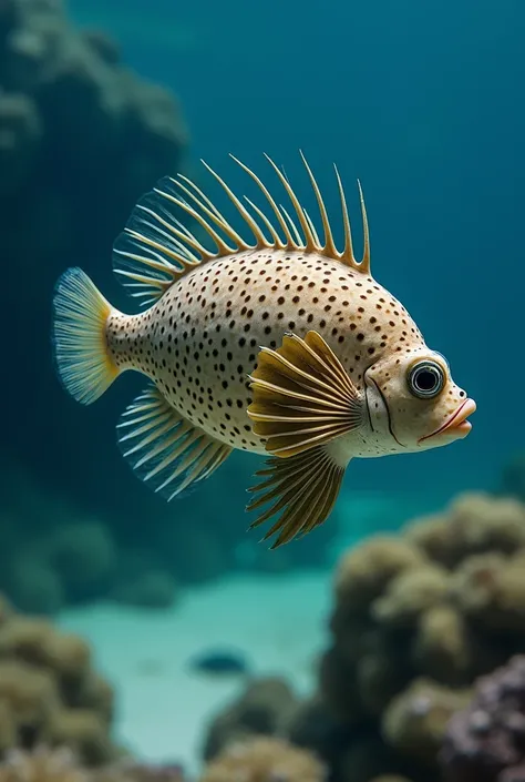 A hyperrealistic underwater photograph of a Porcupinefish (Diodon holocanthus) in perfect side view profile:
- Complete side view angle showing full length profile
- Rounded, inflatable body shape viewed from the side
- Clear visibility of spines from head...