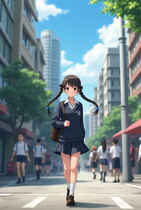 Make a school girl wearing uniform and walking on street 