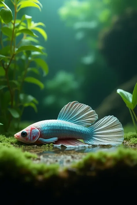 A realistic depiction of a betta fish sleeping at the bottom of its tank with its fins still

