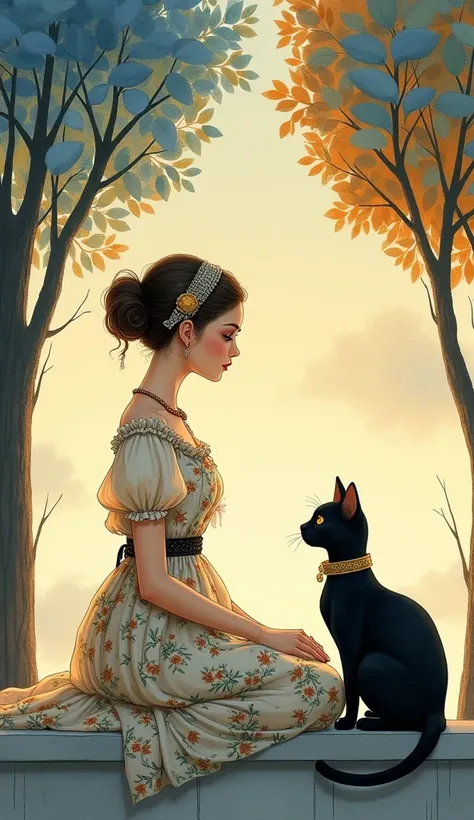 Illustration of a young woman in a vintage floral dress, sitting on a ledge and looking at a black cat beside her. The woman has her hair styled back with a decorative headband, and the cat wears a golden collar. Both figures are positioned in profile, fac...