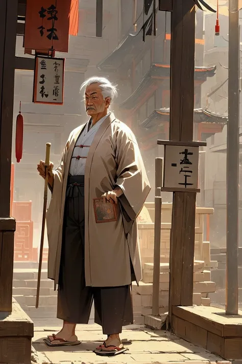 A man from ancient China, an old man from ancient China, a young man sweating profusely, stood at the city gate holding an extra long bamboo pole, and an old man holding a saw, ready to saw open the bamboo pole, demanding a picture book style with Chinese ...