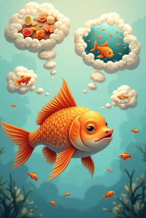 A creative illustration of fish "dreaming," surrounded by imagined thought bubbles of food or swimming

