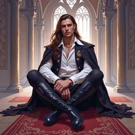 score_9, score_8_up, score_7_up, (adult: 1,2), One, masterpiece, Gothic Palace,very handsome man sitting , cross-legged,  Pale skin,  long brown hair,  shirt  , hussar jacket,  black pants ,  black riding boots