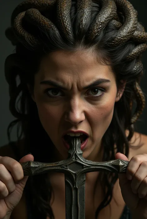 medusa, angry face, real person, mouth holding ancient sword