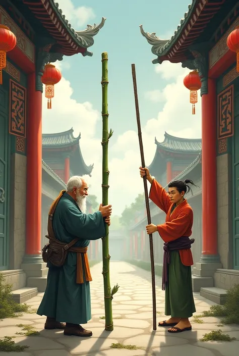 A man from ancient China, an old man from ancient China, a young man sweating profusely, stood at the city gate holding an extra long bamboo pole, and an old man holding a saw, ready to saw open the bamboo pole, demanding a picture book style with Chinese ...