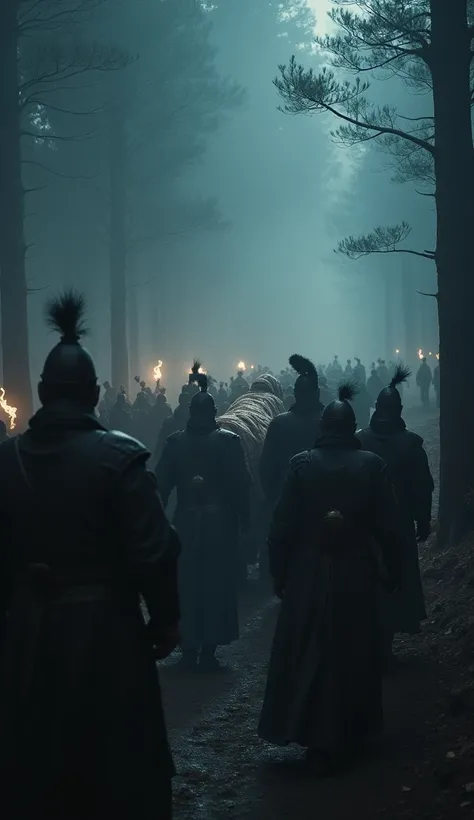 
Mystery Death:** A solemn night scene, with soldiers carrying Genghis Khan’s body under cover of darkness into a dense forest. Mist surrounds the burial procession, adding to the secrecy of his death, while guards ensure no witnesses remain.
