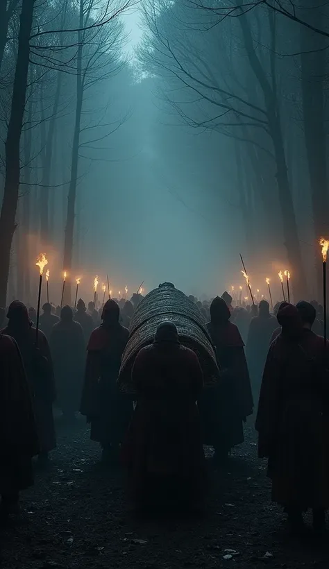 
Mystery Death:** A solemn night scene, with soldiers carrying Genghis Khan’s body under cover of darkness into a dense forest. Mist surrounds the burial procession, adding to the secrecy of his death, while guards ensure no witnesses remain.
