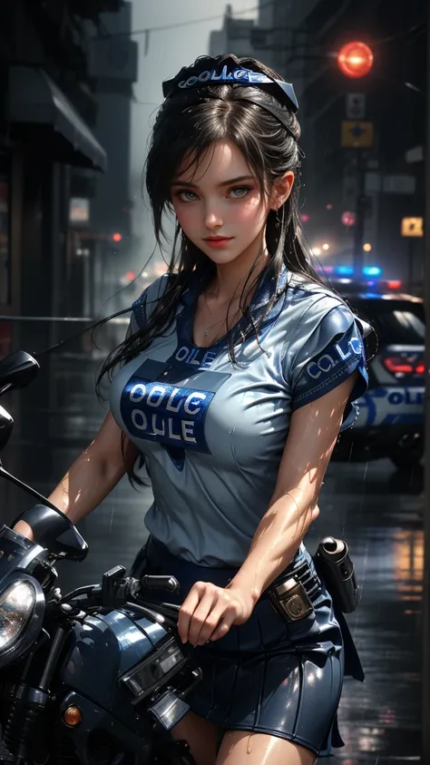 (( girl riding a motorcycle through the streets of New York))、(RAW shooting、 photorealistic:1.5、8k、Best Quality、masterpiece、 super high definition)、 Perfect Dynamic Composition :1.2、Night Street Corner,((Heavy rain due to typhoon )),  highly detailed skin ...