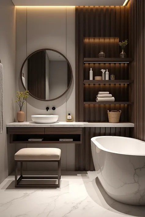 Professional 3d architecture rendering design of modern and minimal and high tech design for  elegant circular space in bathroom   And separate with wooden lines  pins from bathroom with dark wooden and white marble makeup table and   Beige velvet chair an...