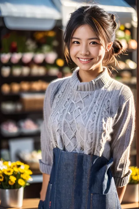 (8k, RAW photo, photorealistic, HQ, masterpiece), a cute Japanese woman, Florist clerk, (glowing eyes), 
(light Smile), (low chignon:1.4), large breasts, (sweater, apron, jeans,:1.4), (flower shop in the city ), blurred background, depth of field, natural ...