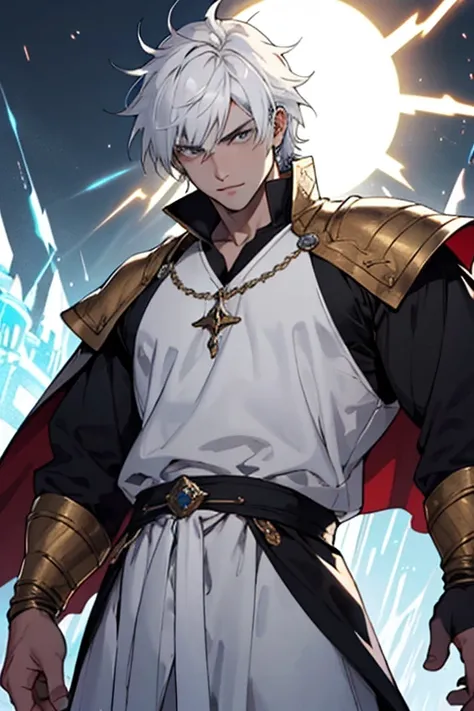 Beautiful muscular prince, in royal clothing from the Middle Ages, white jewelry, totally white clothes, white body, white hair, his appearance shows light, with black eyes and white pupils, posing with two white swords shining with light in an epic way. M...