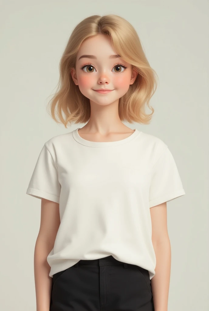 A teenaged white girl in white shirt and black shorts