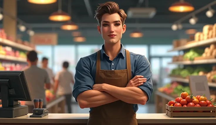 Supermarket cashier，Western males，Brown short hair， with crossed hands in front of the chest，Standing behind the cashier ，, the background is a supermarket shelf 