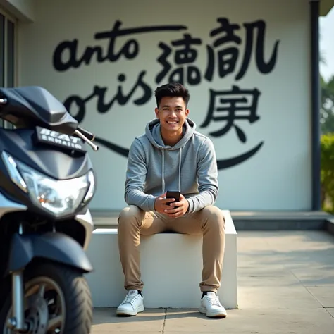 Stunning 8k portrait photo of a handsome Indonesian man, black hair very short hoodie jacket gray jeans beige jeans white shoes ,  sitting on a long chair of white color in front of a building with a japanese concept written wall "Anto Orshida " in front o...