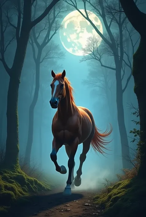 A horse galloping through a forest in the moonlight 