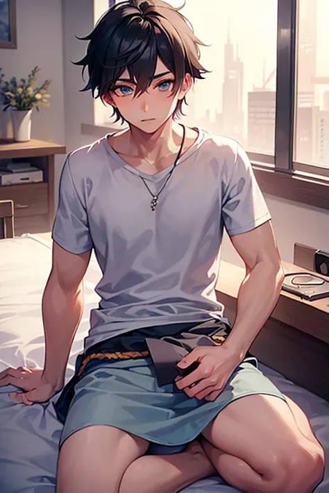 boy wearing gray t-shirt and loincloth, ((beautiful detail eyes, anime style, best quality))