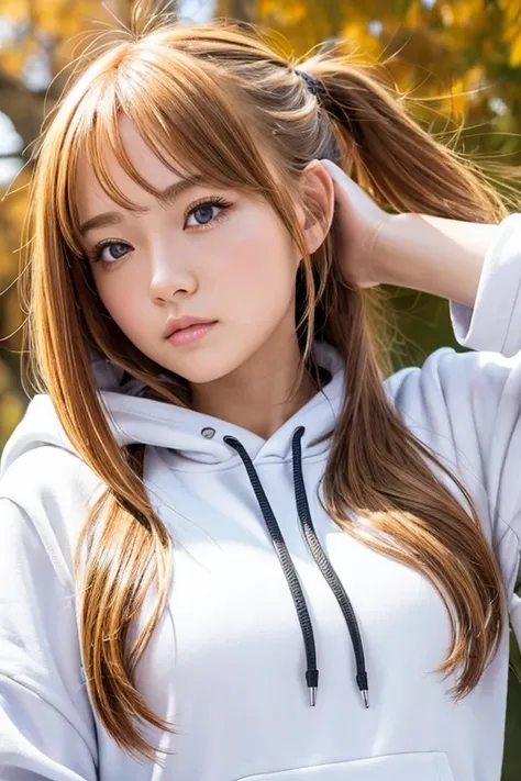  top quality , masterpiece,  High Resolution , 【8k,  Hoodie and Anime Style Girl ,  a girl,  Detailed Line Art ,  Bright White and Bright Amber Style,  Digital Enhancement , close up, Anime Core , Flowing fabric , Realistic face,