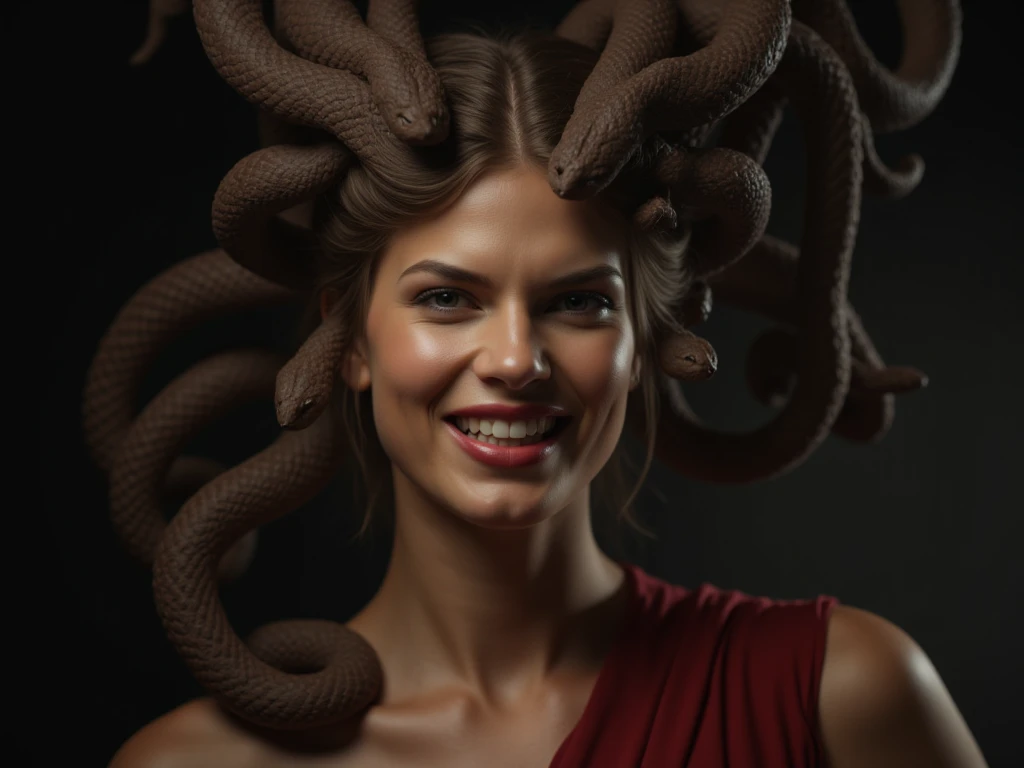 medusa, angry face, real person, enchanting smile, sexy