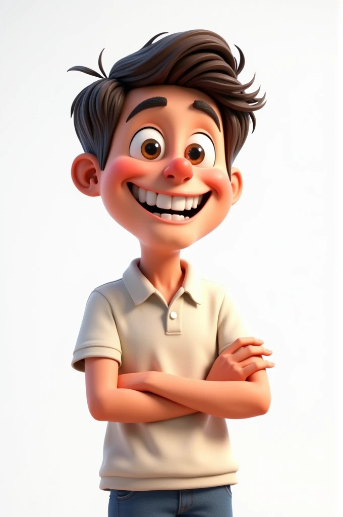 Medium with little muscle and a wide smile,  smiling happily at the camera ,  A rude smile , He is smiling ,  A very big smile , Smiling male,  A picture showing the whole body ,  Laughter with a big smile ,  painted in 3D art style , C4D,  pure white back...