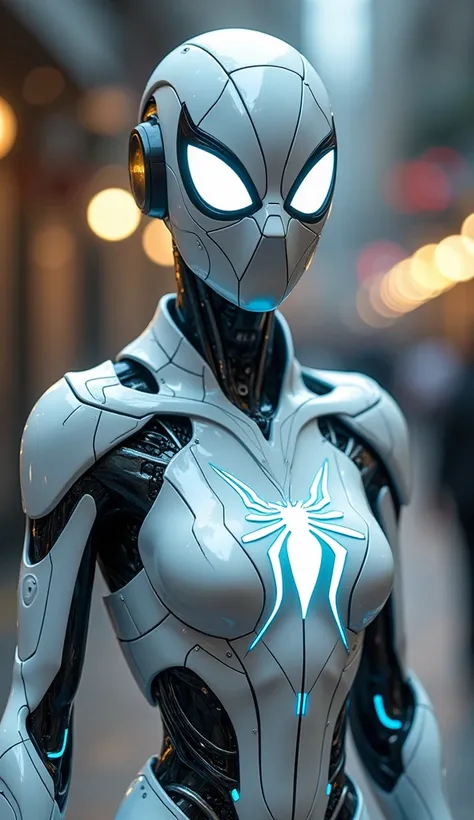 Heres a prompt for generating a similar image:

"Create a highly detailed, futuristic robotic character inspired by Spider-Man. The character should have a sleek, white metallic suit with intricate paneling and light blue glowing lines tracing its design. ...