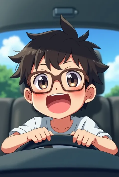 A cute anime boy with glasses laughing in the car