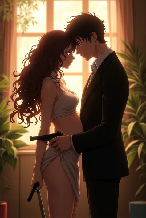 Anime), beautiful woman and man , Hold knife on man , the man hold pistol on belly , long curly hair, indoors, soft lighting, plants in background, window with sunlight, cozy room, kissing pose, anime