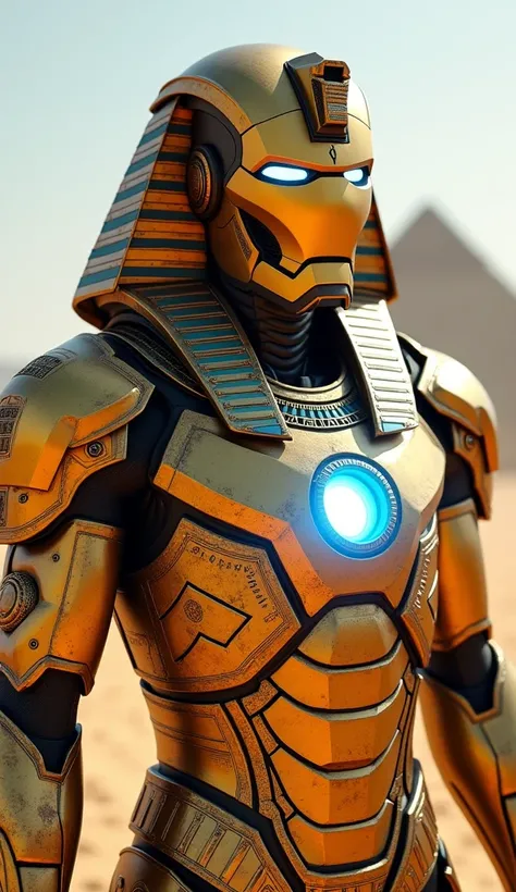 "Generate a highly detailed, futuristic Egyptian-themed Iron Man character. The character should wear a metallic suit resembling ancient Egyptian armor with a golden-bronze color scheme. The helmet has a Pharaoh-inspired design, including a striped nemes h...