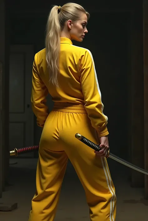 Uma Thurmans back shot, yellow tracksuit, katana sword in her hand, a scene from Kill Bill,