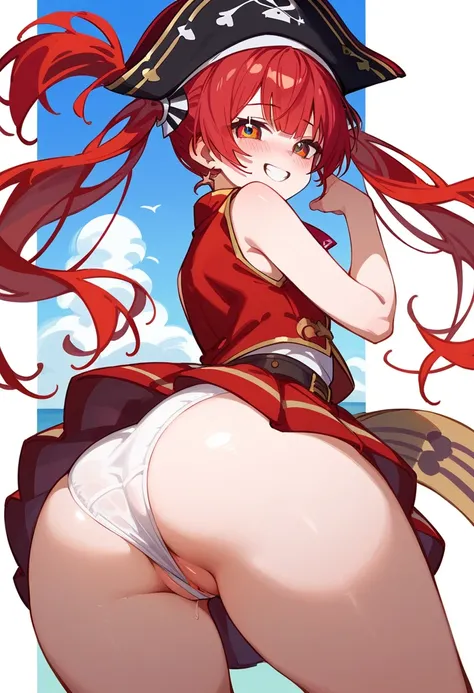 Houshou Marine( hololive )、 red hair twin tails 、pirate hat、 red sleeveless clothes 、   is angled from behind 、 take down white panties,  skirt roll up 、 bottomless、 big butt 、   my thighs are thick 、Kneel、 Fearless Smile 、spread vagina