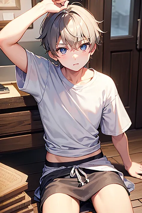 boy wearing gray t-shirt and loincloth, ((beautiful detail eyes)), ((best quality))